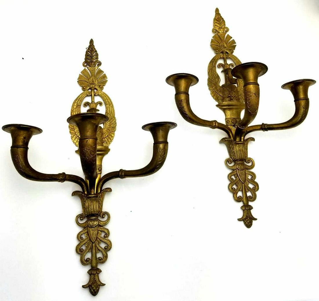 Pair Antique Bronze 3 Candle Wall Sconces w/ Swans (1 of 6)