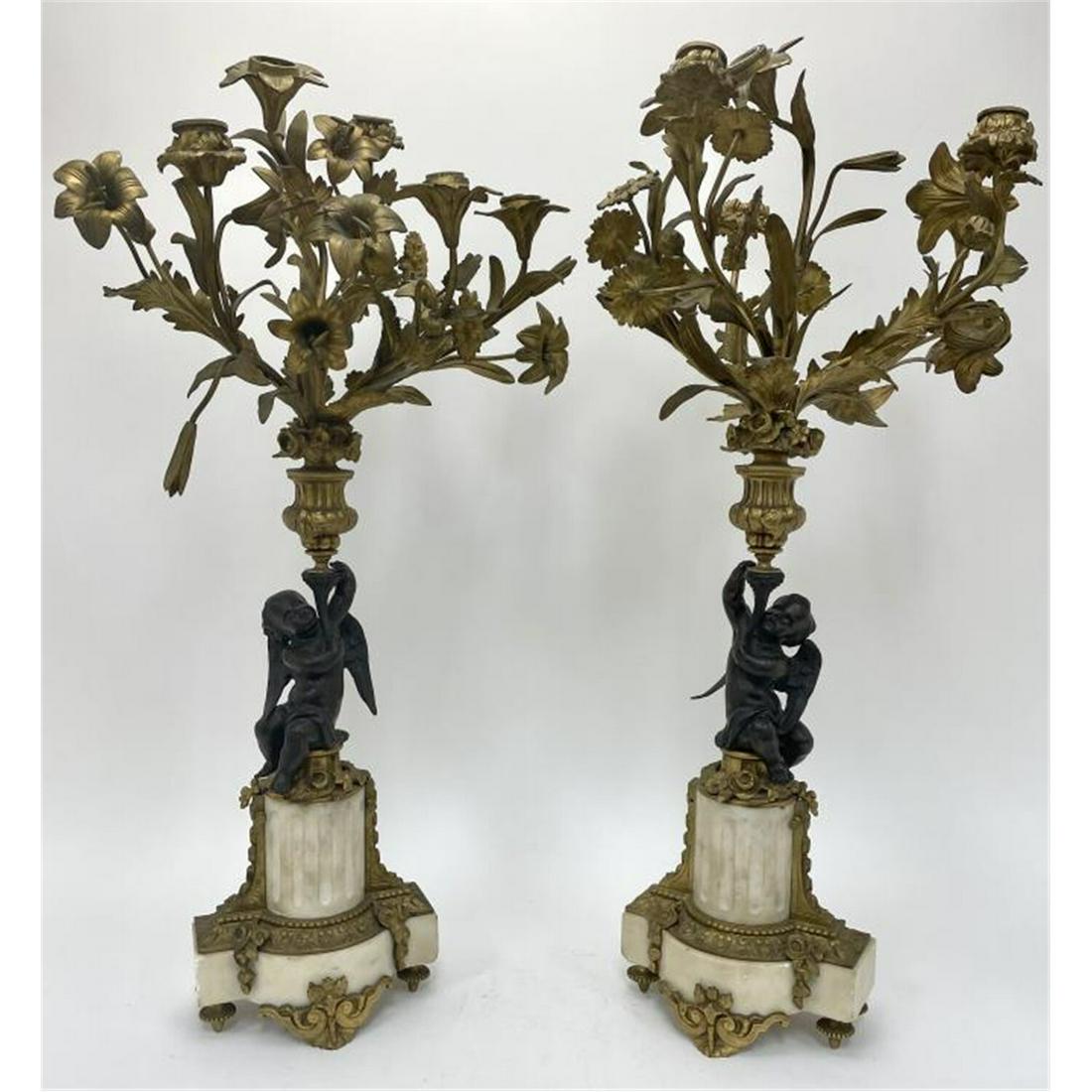Large Antique Pair of Bronze & Marble Candelabras (1 of 4)