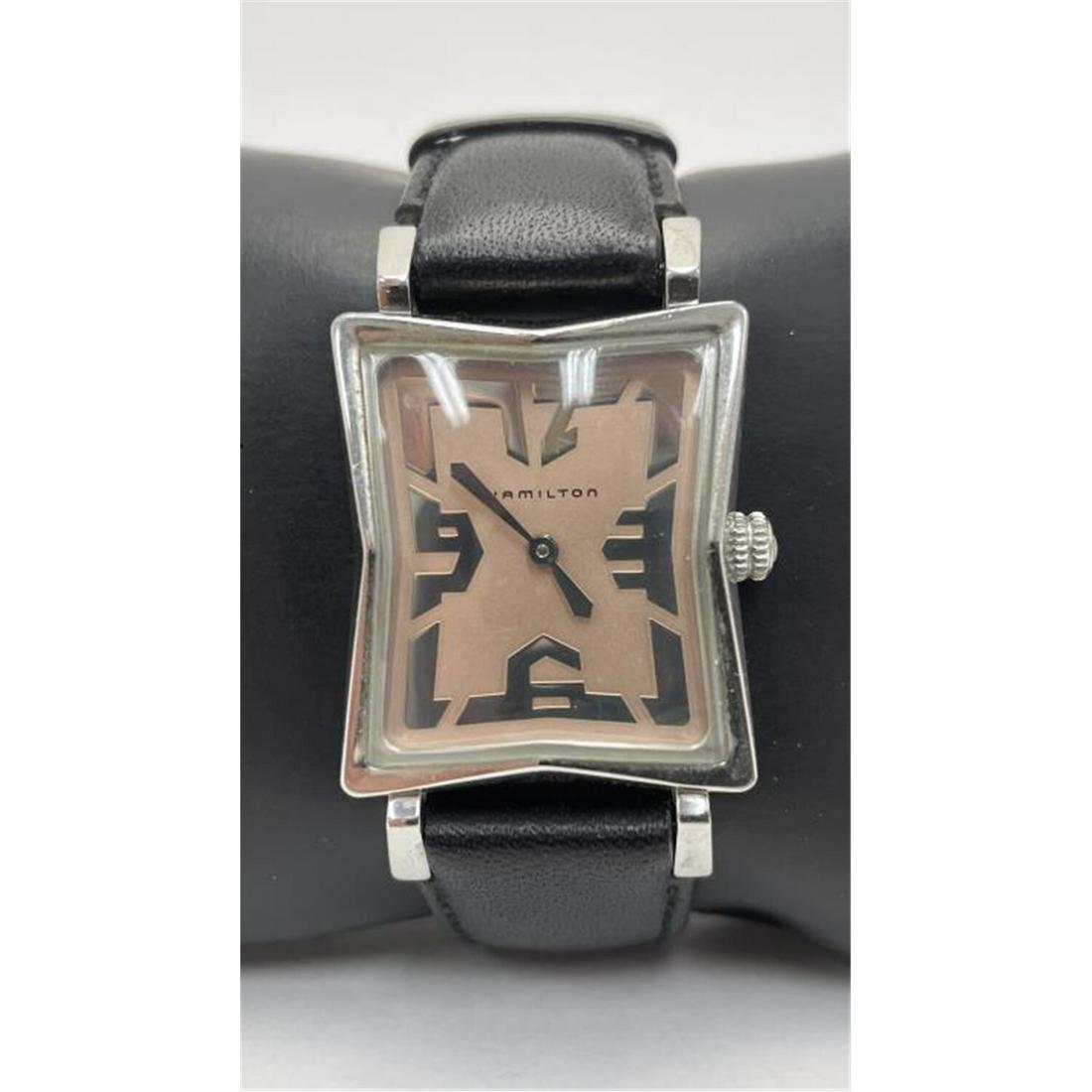 Vintage Hamilton "Chatham" Tea Tongue Watch #6343: Vintage Hamilton "Chatham" Tea Tongue Watch, Model 6343. Quartz Movement. Black Leather Band. Condition: Generally Very Good. Please Note: We Cannot Guarantee the Workability or Mechanism of Any Old o