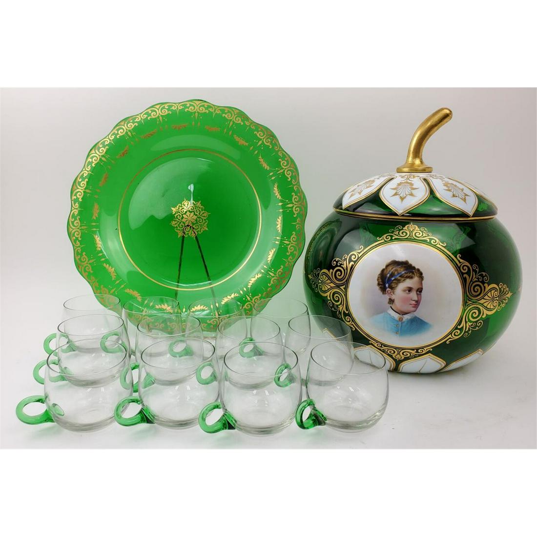 Bohemian Overlay Glass Punch Bowl with 12 Cups (1 of 5)