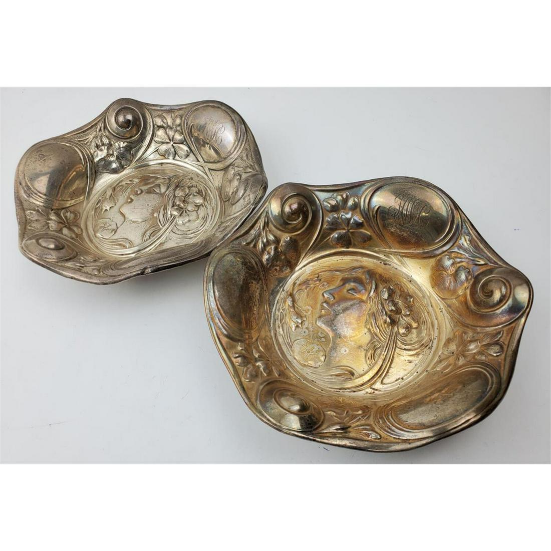 Pair Art Nouveau Repousse Sterling Silver Bowls (1 of 4)