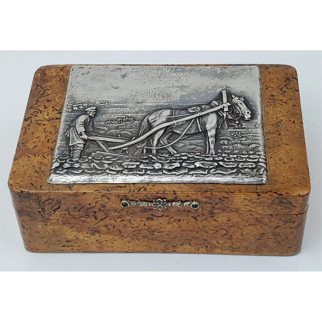 Russian Wood and Silver Tobacco Box (1 of 4)