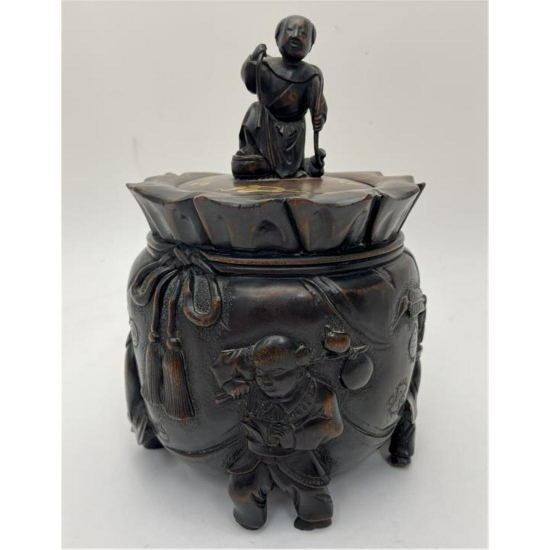 Antique 19th c. Japanese Carved Wood Covered Bowl: Antique 19th c. Japanese Carved Wood Covered Bowl with Decorations of Various People. The Cover is also Fully Decorated. Condition: Generally Very Good Condition. Dimensions: H- 8" Dia- 5.5". Provenan