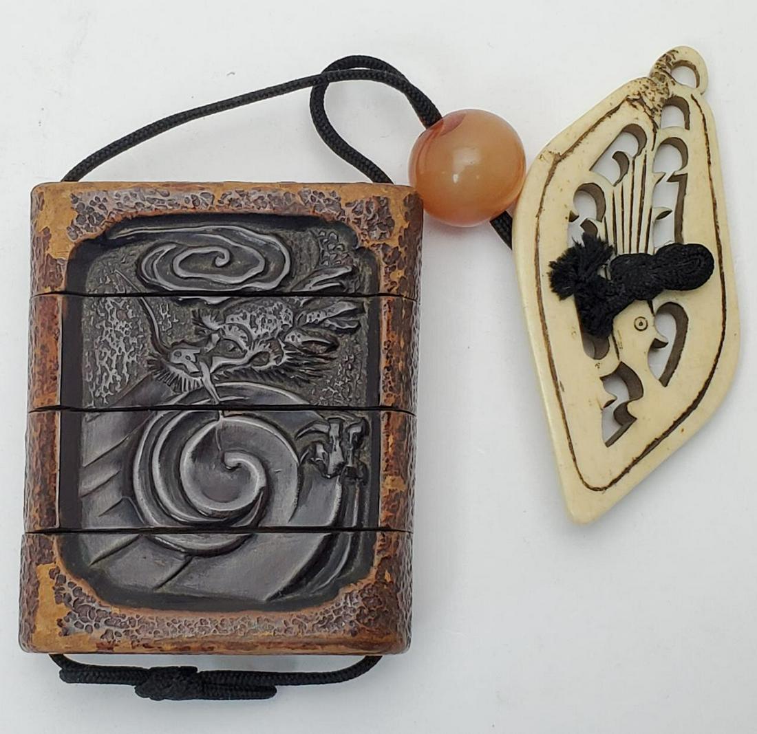 Rare Antique Japanese Inro with Dragon & Cat: Rare Antique Japanese Inro with Decorations of Dragon and Cat and Netsuke with Decoration of Fish. Circa 1880's. Condition: Generally Good for Age. Dimension: Inro H: 2.75". Total Height Including Net