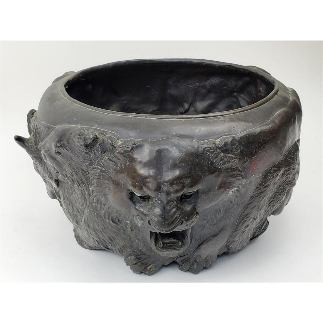 Antique Japanese Bronze Bowl- Figures of Lions etc (1 of 4)