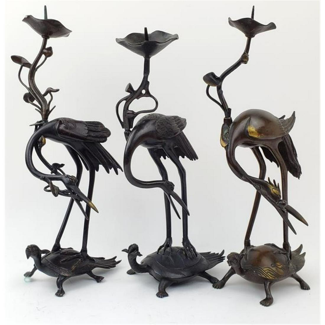 3 Chinese Bronze Figures of Cranes- Candle Holders (1 of 5)