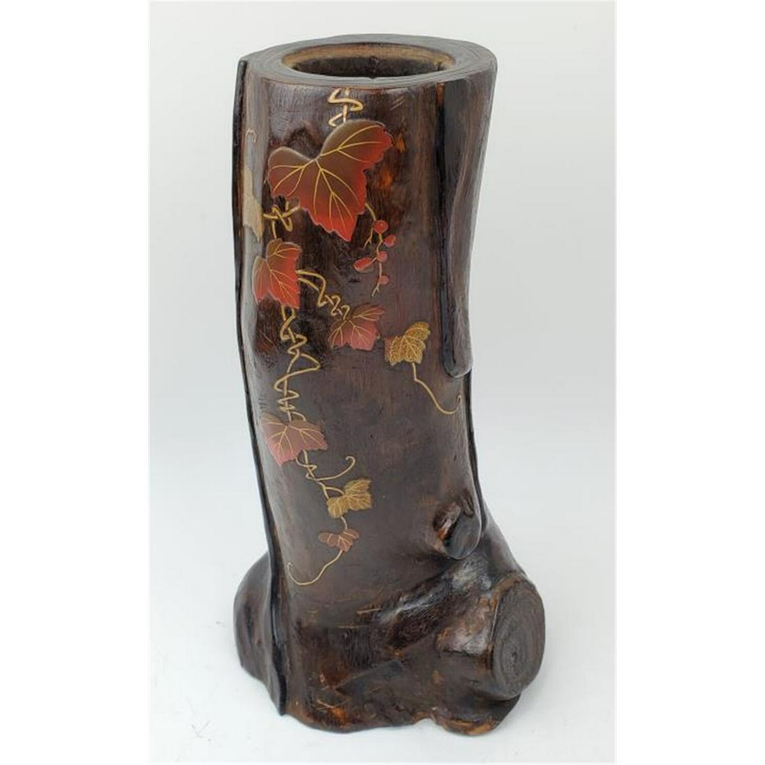 Antique Japanese Solid Carved Wood & Lacquer Vase (1 of 4)