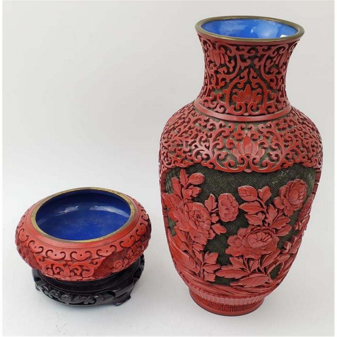 2 Chinese Carved Red Lacquer Items, Vase & Bowl (1 of 5)
