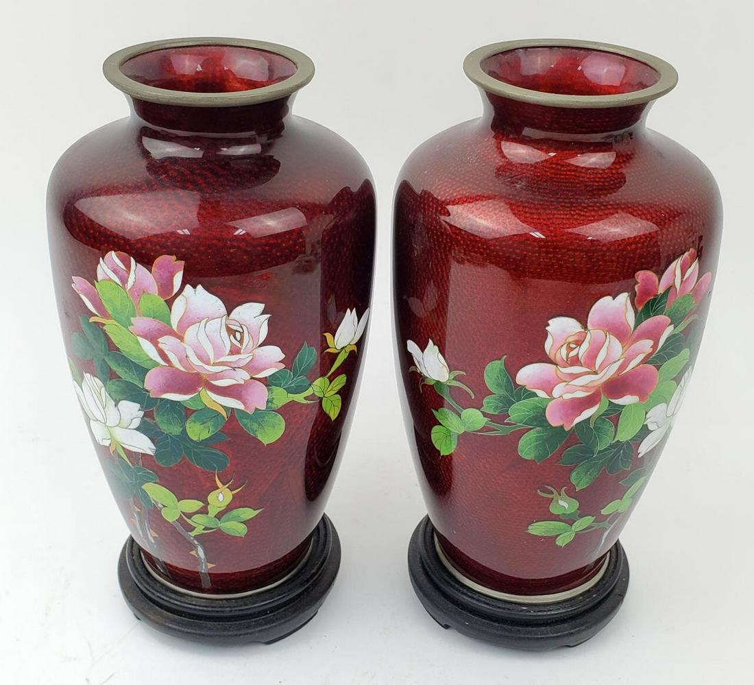 Pair Japanese Silver Mounted Red Cloisonne Vases (1 of 4)