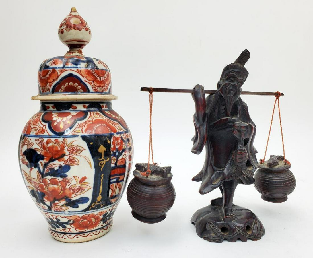 Two Japanese Items- Imari Jar & Wood Figure (1 of 3)