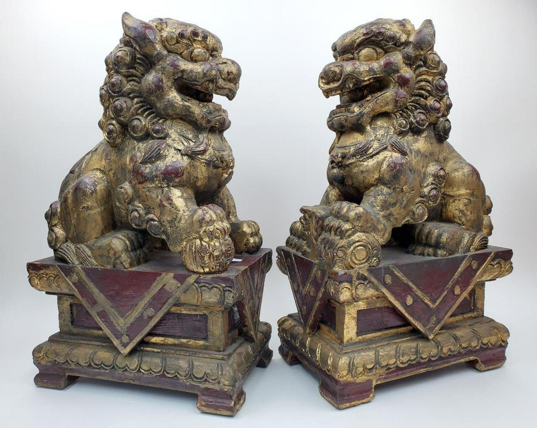 Large Pair of Old Chinese Carved Wood Foo Lions (1 of 4)
