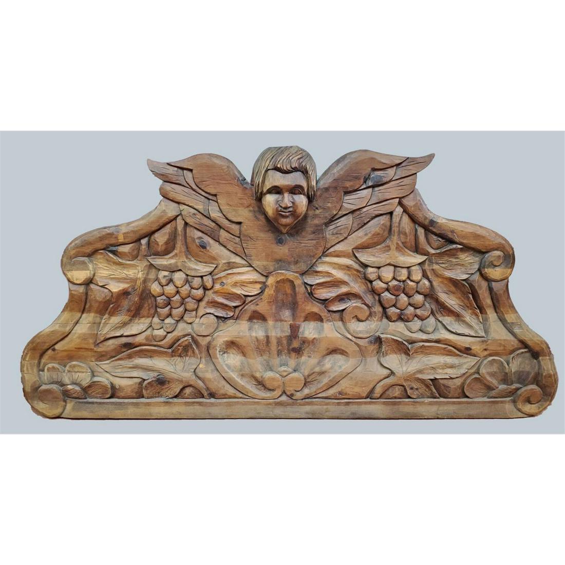 Monumental Antique Carved Wood Headboard w/ Angel: Monumental Antique Carved Wood Headboard with Angel Motif. Condition: Generally Good. Dimensions: L- 81" x H- 40". Provenance: From a New Jersey Home. Please note the absence of a condition report doe
