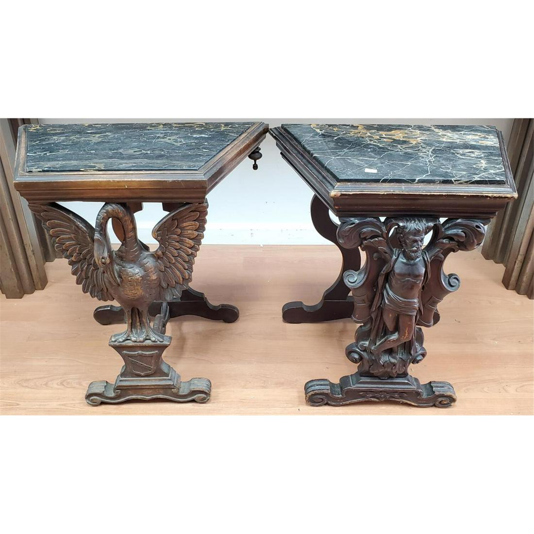 Pair of Antique Carved Wood Marble Top End Tables (1 of 3)