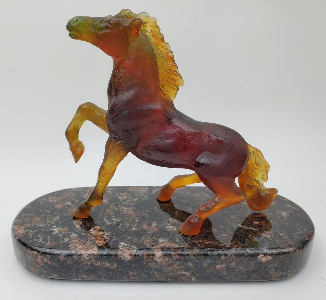 Daum France Pate De Verre Sculpture of a Horse: Daum France Pate De Verre Sculpture of a Horse Designed by Jean-Francois Leroy. Fully Signed on a Marble Standing Base. Condition: Excellent. Dimensions: Horse- -7" x H-6". Base- L-10" x W-4.25".Prove