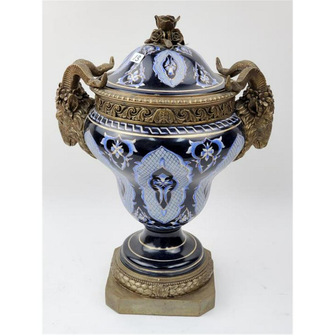 Vintage Porcelain and Brass Covered Urn w/ Ram (1 of 3)