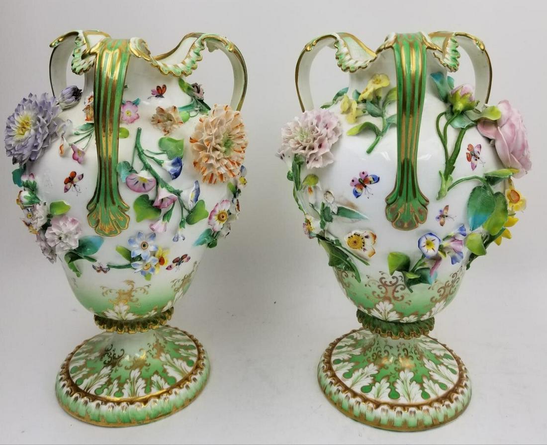 Pair  Antique English Three Handled Porcelain Va (1 of 8)
