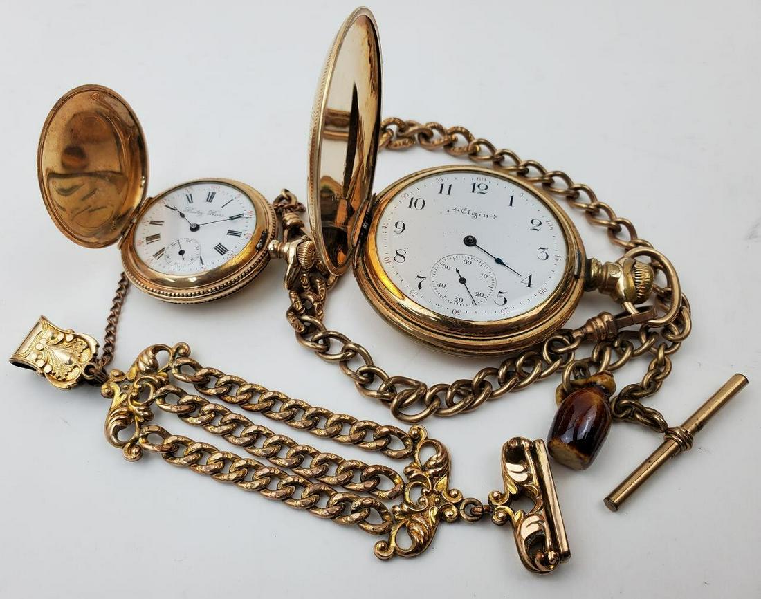 2 Antique Gold Plated Pocket Watches, Orig. Fobs (1 of 6)