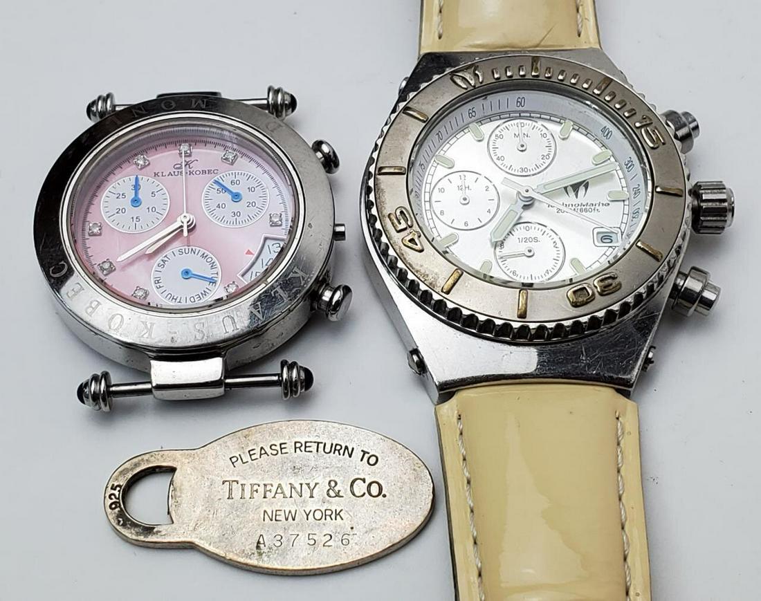 Tiffany & Co Sterling Silver Tag & 2 Watches: Tiffany & Co Sterling Silver "Return to Tiffany" Tag Along w/ a Klaus Kobec Diamond & Mother of Pearl Vintage Watch & a Technomarine Diving Watch. Condition: Generally Good As Found. We Do Not Guarant