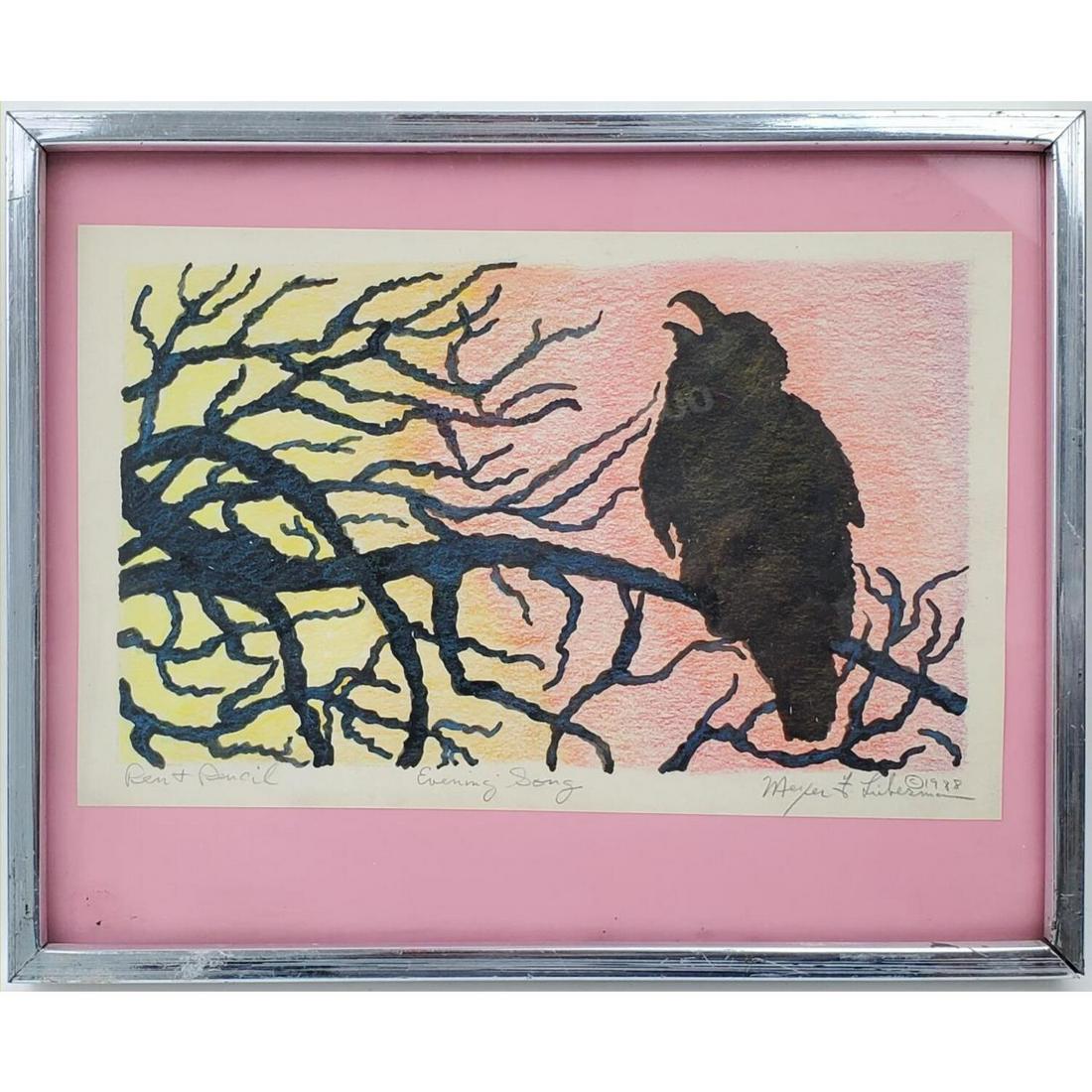 Painting Pen and Pencil by Meyer Frank Lieberman.: Painting Pen and Pencil by Meyer Frank Lieberman, American Born 1923. Signed Lower Right and Dated 1988 "Evening Song'.Condition: Generally Good Condition.Dimensions: Sight: 8.75" x 5.5', Frame 10.25"