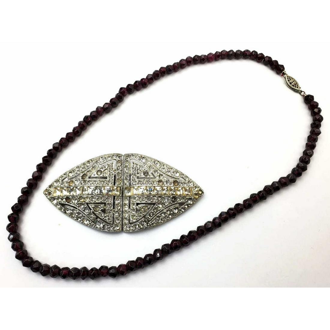 2 Vintage Jewelry Items- Dress Clip, Necklace: 2 Vintage Jewelry Items, Including Art Deco Sweater or Dress Clip/ Brooch with Rhinestones, and Beaded Necklace, Possibly Garnets, with Sterling Silver Filigree Clasp. Condition: Generally Good, Some 