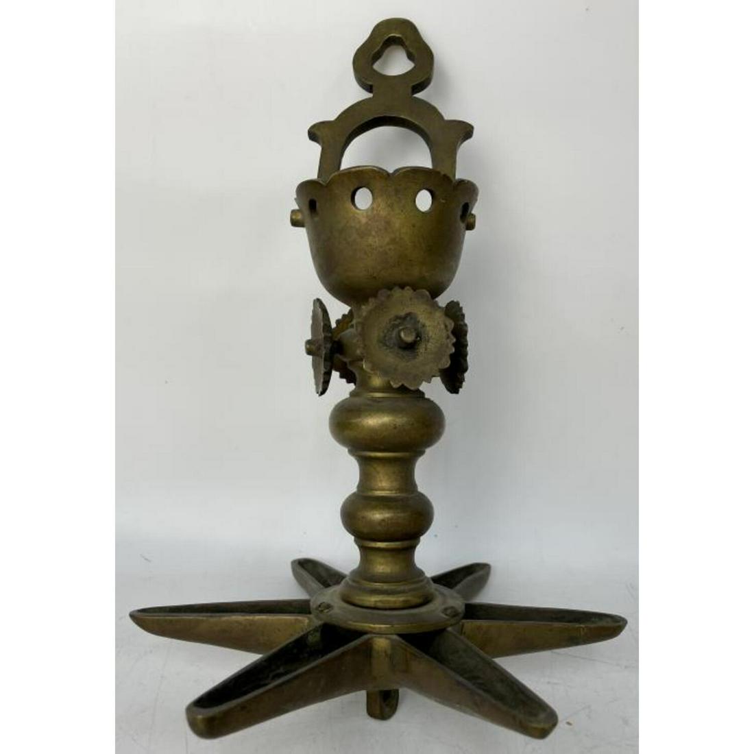 Antique Judaica Brass or Bronze Hanging Oil Lamp: Antique Judaica Heavy Brass or Bronze Hanging Oil Lamp. Condition: Generally Good for Age. Dimensions: L: 12" x W: 8". Provenance: From a New Rochelle, Westchester County NY Estate.Please note the abs
