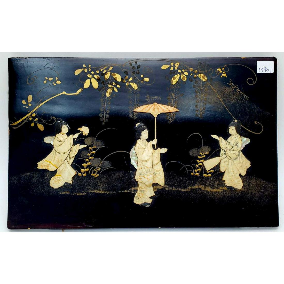 Antique Japanese Wood Plaque with Bone Geishas: Antique Japanese Wood Plaque with Bone and Mother-of-Pearl Decorations of Geishas. Condition: Generally Very Good. Dimensions: L: 13.75" x W: 8.75". Provenance: From a Long Island NY Home. Please note