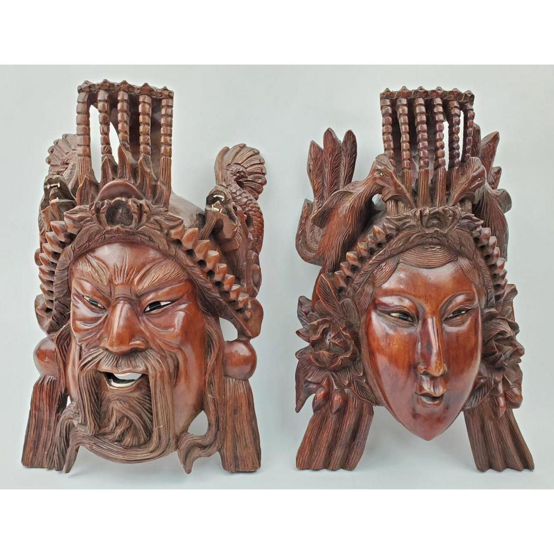 Pair Asian Carved Wood Heads of Emperor & Empress (1 of 4)