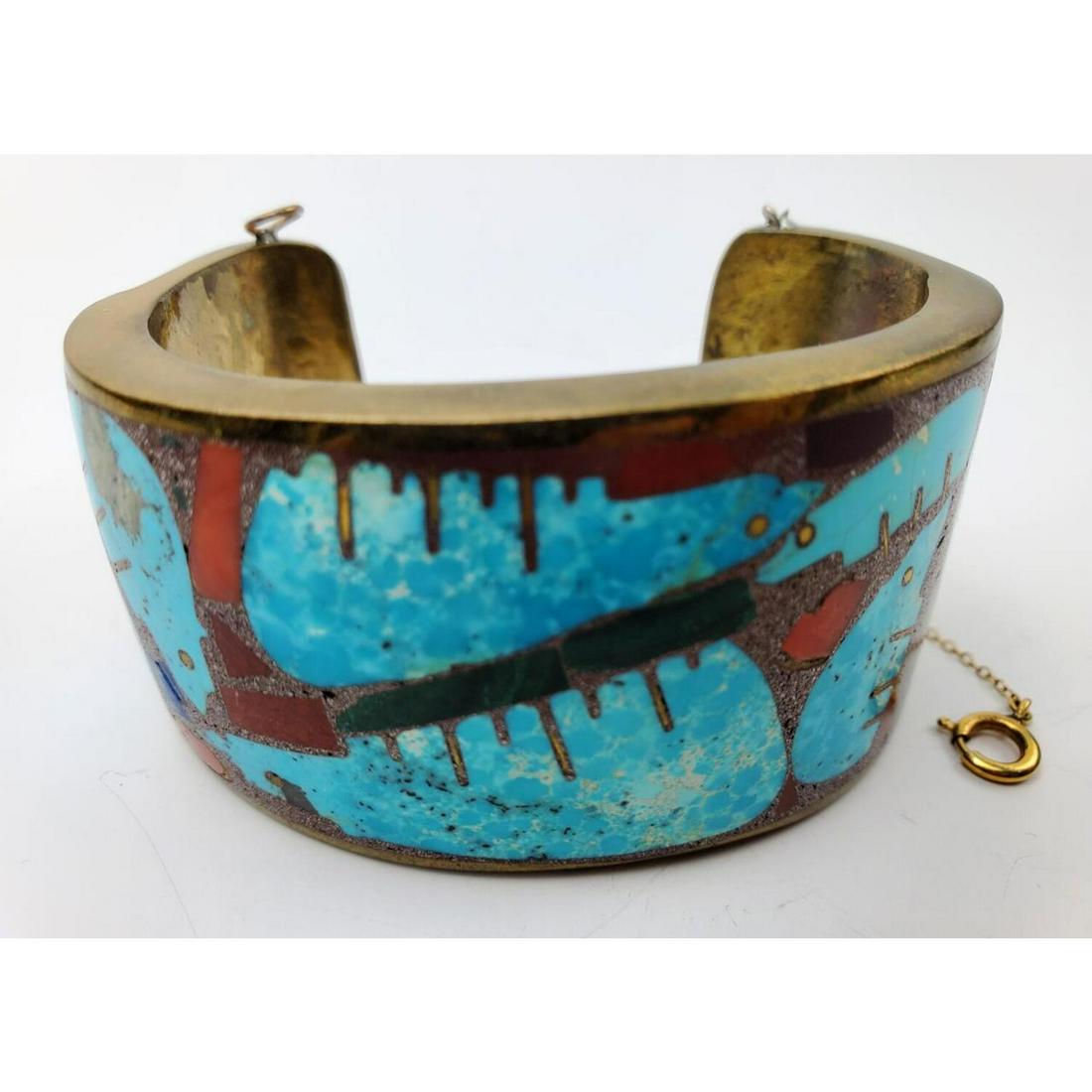 Native American Signed Brass Bracelet: Native American Signed Brass Bracelet with Inlaid Turquoise Stone Bears. Condition: Generally Very Good.Dimension: Inside Dia-2.25", W-1.4". Provenance: From a Private Collection of Native American Je