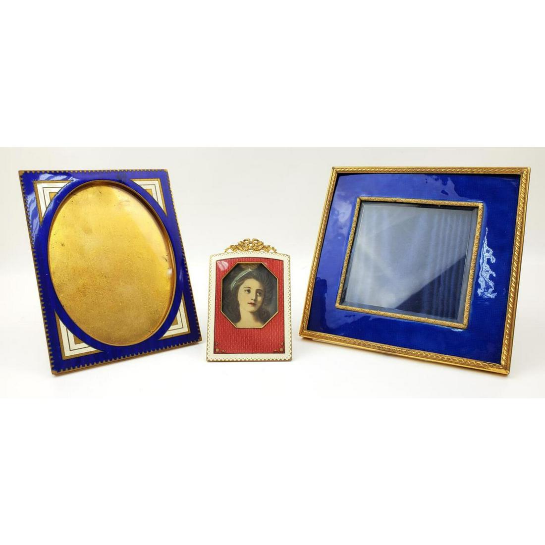 3 Enameled Bronze Easel Back Picture Frames: Lot of 3 Enameled Bronze Easel Back Picture Frames. One with a Pained Miniature. Condition: Generally Good. Dimensions: Largest: 5" Square. Provenance: Private Lifetime Collection Long Island, NY. Ple