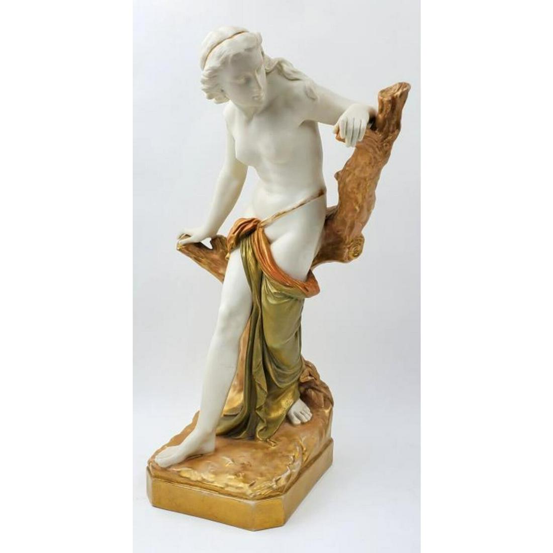 Large Royal Worcester English Art Nouveau Figure: Large Royal Worcester English Art Nouveau Figure of a Nude Lay. Fully Marked. Condition: Excellent. Dimensions: H- 15". Provenance: Private Lifetime Collection Long Island, NY. Please note the absence