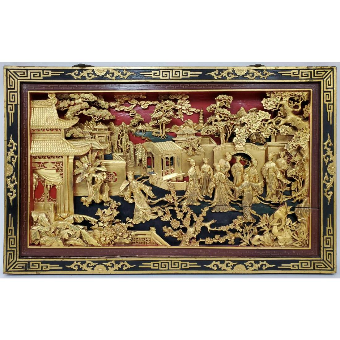 Large Chinese 3D Carved Wood/ Gilt Plaque (1 of 4)