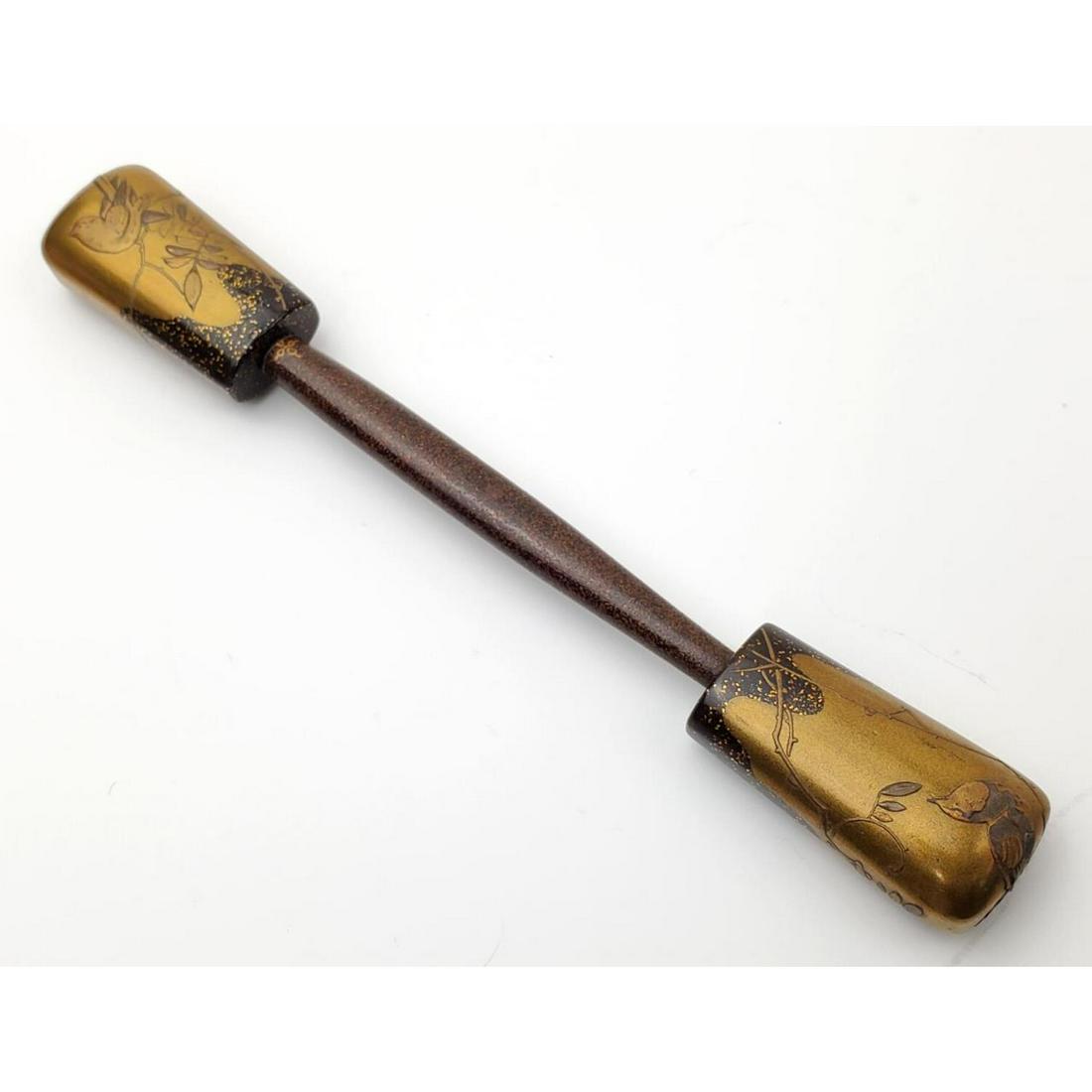 Japanese Antique Lacquer Chopstick Rest: Japanese Antique Lacquer Chopstick Rest with Decorations of Birds and Flowers. Condition: Small Chip to Corner. Dimension: L- 6.25". Provenance: From a Queens, NY Home. Please note the absence of a co