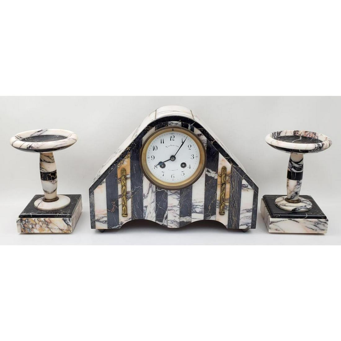 French Art Deco Marble & Bronze 3 Pcs. Clock Set (1 of 7)