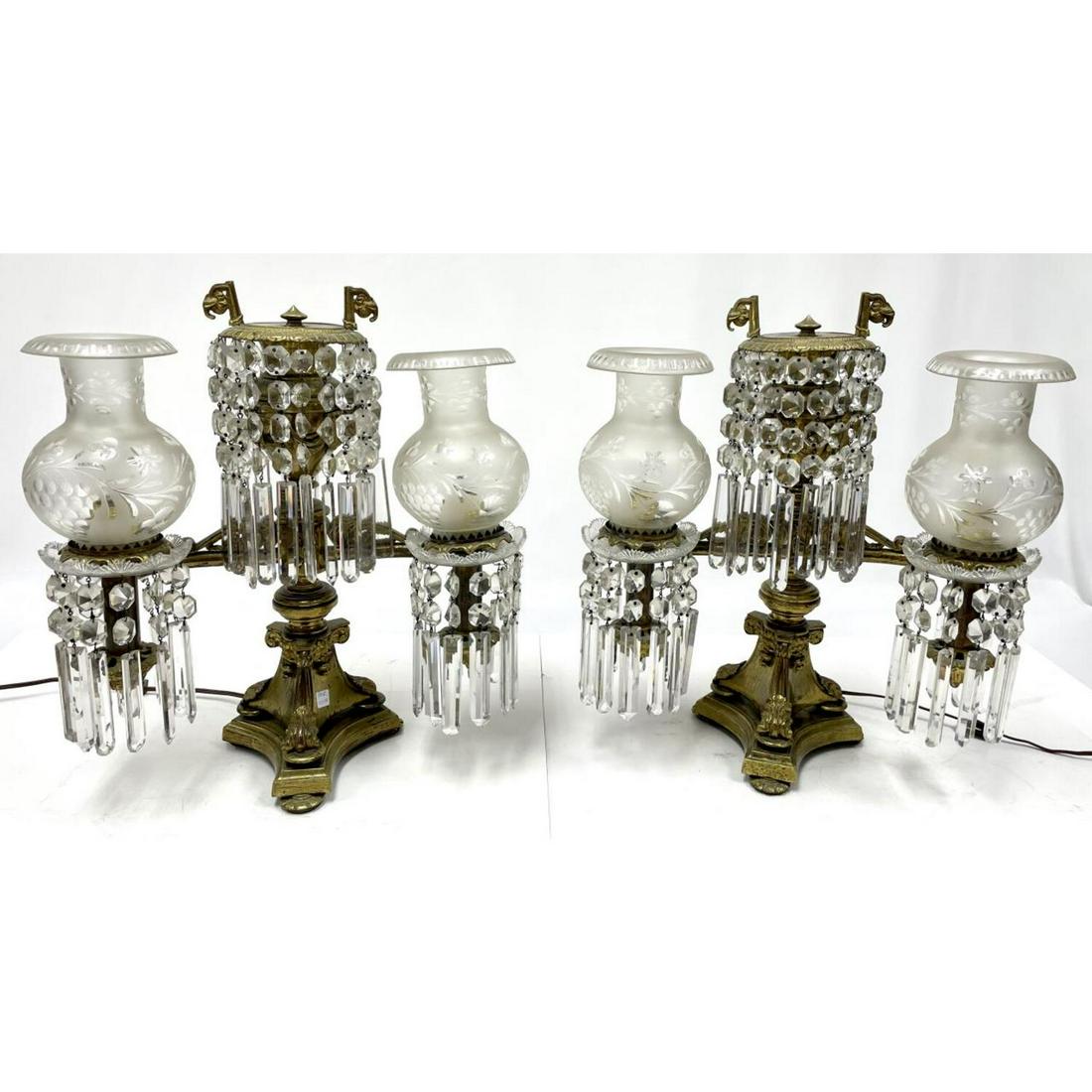 Pair of Antique Bronze & Crystal 2 Light Lamps (1 of 5)