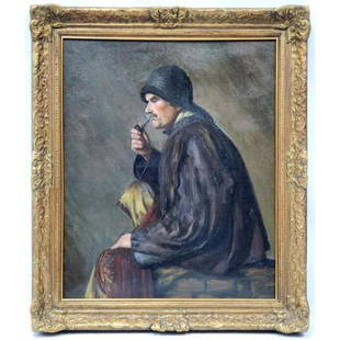 Antique Painting, Oil on Canvas "Seated Man": Antique Painting, Oil on Canvas "Seated Man with a Pipe". Apparently Unsigned. Beautifully Framed. Condition: Generally Good, Re-lined. Dimensions: Sight- 23" x 19" Frame- 28" x 23". Provenance: From