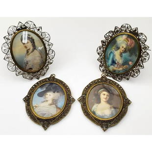 4 Antique Miniature Hand Painted & Signed Plaques: Lot of 4 Antique Miniature Hand Painted and Signed Plaques. In Original Frame Under Glass. Condition: Generally Good. Couple of Minor Dents to the Frames. Dimensions: Sight- 3.5" x 2.5" Frame- 4.5" x