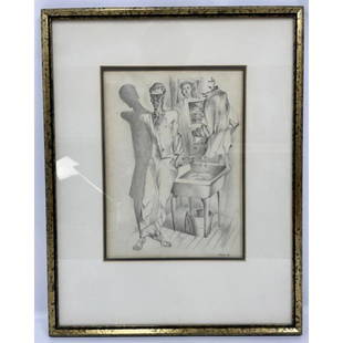 Michael Lenson, Pencil Drawing: Michael Lenson, American-Russian (1903-1971) Pencil Drawing. Signed Lower Right and Dated 43'. In Original Frame Under Glass. Condition: Generally Very Good. Dimensions: Sight- 11.5" x 8.5" Frame-