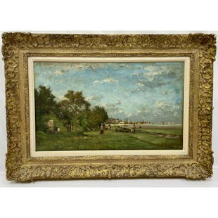 Stanislas Lepine, Painting Oil on Canvas: Stanislas Lepine, French (1835-1892) Painting, Oil on Board. "Harbor" Signed Lower Right and Dated 77'. Appears to be in Original Frame. Condition: Generally Good, However there are 2 Large Scratches