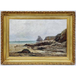 John Holland, Painting Oil on Canvas: John Holland, British (1799-1880). Painting, Oil on Canvas "Shore Scene Cornwall". Signed Lower Left. Framed. Condition: Generally Good. Dimensions: Sight- 30" x 20" Frame- 36" x 26". Provenance: