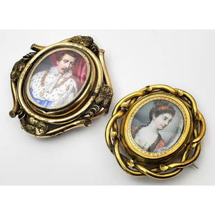 2 Rare Antique 19thc. Mechanical Mourning Broaches: 2 Rare Antique 19thc. Mechanical Mourning Broaches with Hand Painted Miniature Plaques of Nobleman and Woman. Each Plaque Rotates so it can Show Either the Faces or the Hair. Both are Fully