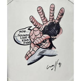 John Crash, Magic Marker on Paper "Spiderman": John Crash, American ( Born 1961). Magic Marker on Paper "Spiderman". Signed and Dated 91'. Unframed. Condition: Generally Very Good. Dimensions: 17" x 14". Provenance: From a New Jersey Collector.