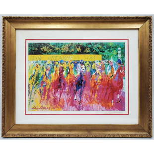 Leroy Neiman, Lithograph "125th Preakness Stakes": Leroy Neiman, American (1921-2012) Signed Lithograph "125th Preakness Stakes". With Certificate on the Back. Beautifully Framed and Matted Under Glass. Condition: Generally Very Good. Dimensions: