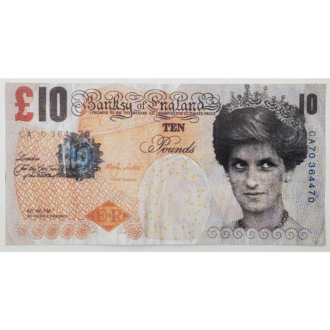 Banksy 10pound "Di-Faced Tenner" Banksy of England: Banksy 10 pound "Di-Faced Tenner" Banksy of England.Condition: Generally Good. Dimensions: 5.6" x 2.9". Provenance: From a Private Collection.Please note the absence of a condition report does not imp
