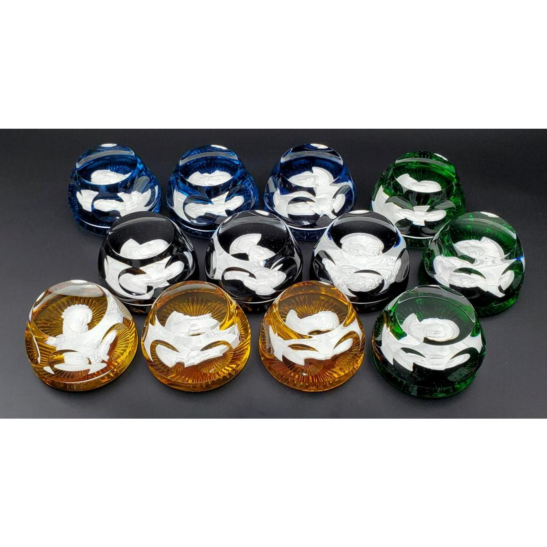 12 Baccarat Sulfide/Various Cut Glass Paper Weight: 12 Baccarat (for The Franklin Mint) Sulfide and Various Cut Glass Paper Weights. All Fully Marked. Circa 1976 and 1977. Subjects are Various Famous People Including Abraham Lincoln, George Washington,