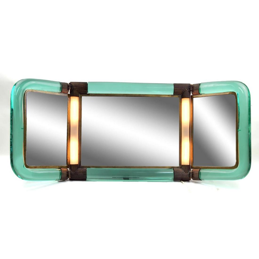 MCM Heavy Bronze Green Glass Lighted Mirror: Unusual MCM Heavy Bronze Green Glass Lighted 3 Section Mirror. Please Note this Item is Ver Heavy. Condition: In Generally Very Good Condition, the two screws that hold the hinge of one side need to b