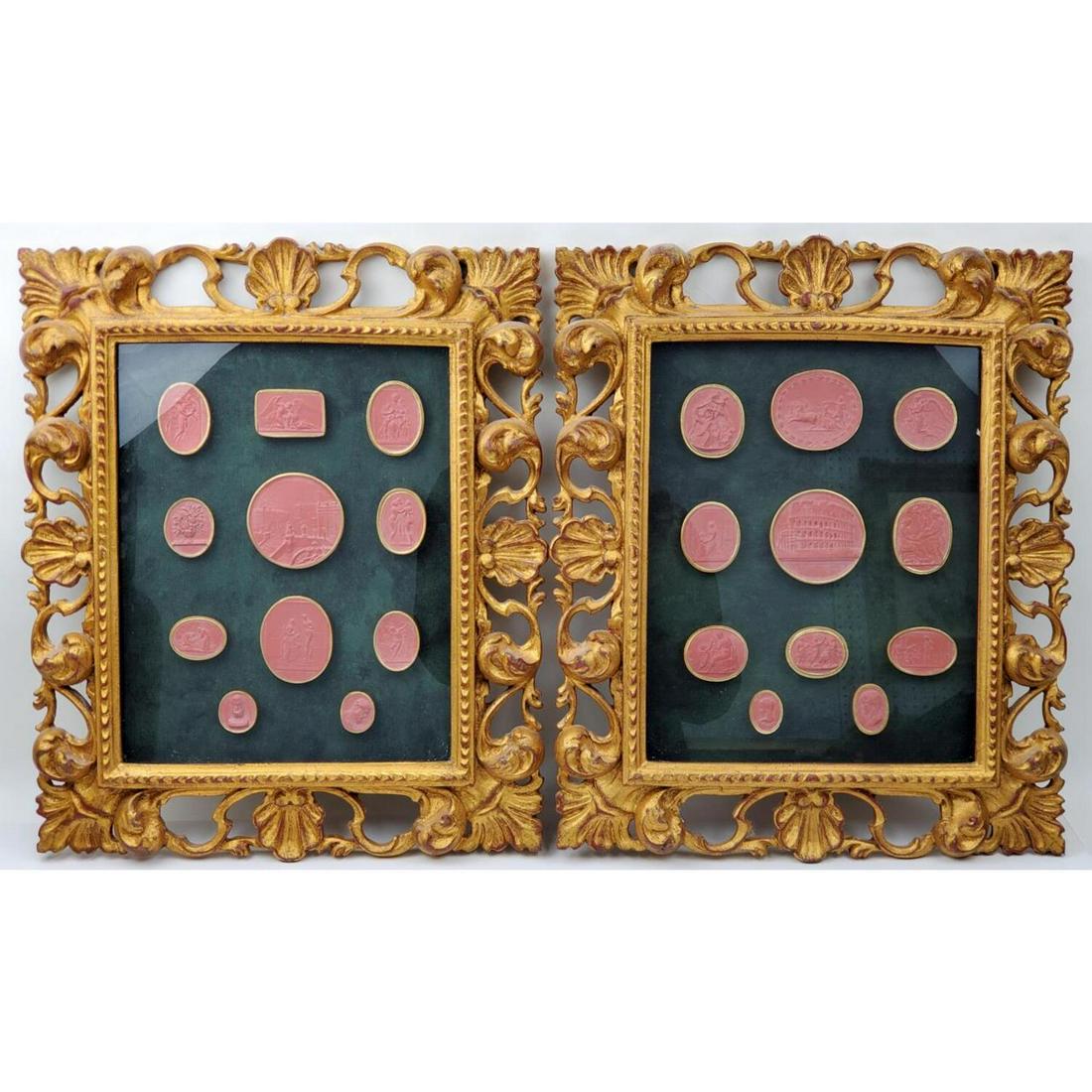 22 Italian Pompeii Intaglio Seals Framed: 22 Italian Pompeii Intaglio Seals of Various Sizes. Both Beautifully Framed Under Glass. Each Has 11 Seals. Condition: Excellent Condition. Dimension: Largest Seal- 2.5" Frames- 15.5" x 13".Provenance