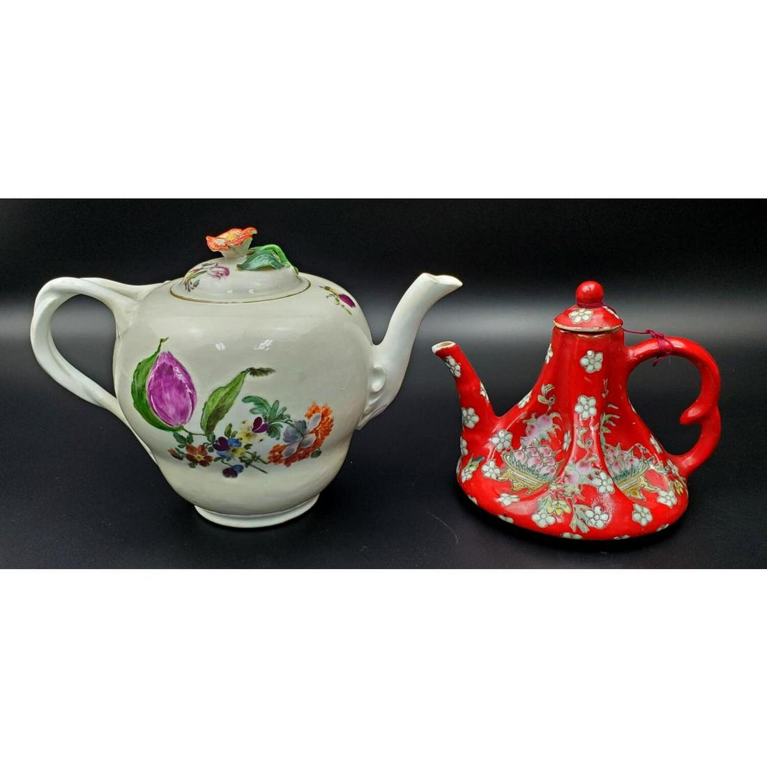 Chinese Porcelain Enamel Teapot: Chinese Porcelain Enamel Teapot along with Meissen Style Porcelain Teapot. Condition: Chinese Teapot is Generally Good. The other one with Restorations. Dimensions: Chinese Teapot Handle to Spout- 5",