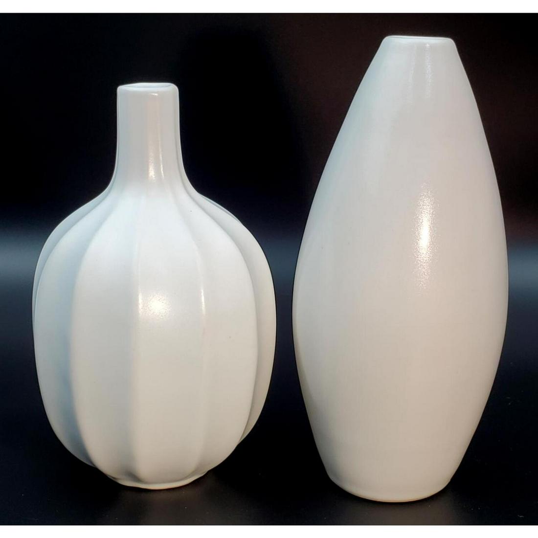 Jonathan Adler, 2 White Vases: Jonathan Adler, American. 2 White Vase. Fully Marked at the Bottom. Condition: Excellent. Dimensions: Tallest H- 6.25". Provenance: From a Long Island, NY Home. Please note the absence of a condition