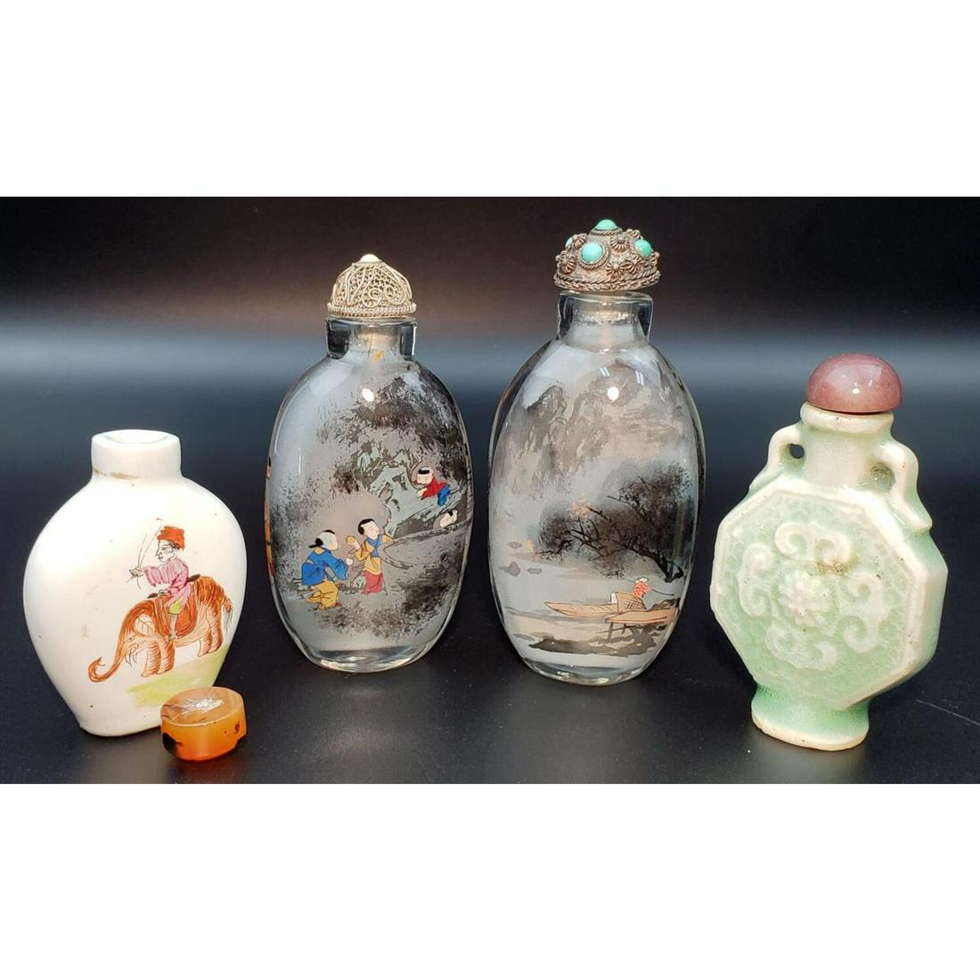 4 Chinese Snuff Bottles: 4 Chinese Snuff Bottles. Including 2 Inside Painted Glass and 2 Others. Condition: Generally Good. Dimensions: Largest H- 3.5". Provenance: From a Long Island, NY Home. Please note the absence of a co