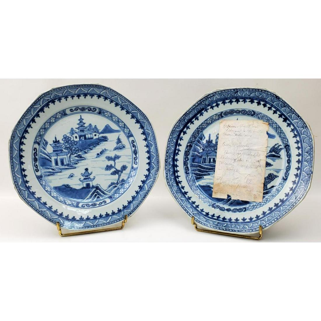 Pair of Chinese Porcelain Blue and White Plates: Pair of Chinese Porcelain Blue and White Octagonal Plates, Circa 1785. Qianlong Period. Condition: Generally Very Good. Minor Chips and Hairlines. Please Note that One of the Plates has an Old Paper D